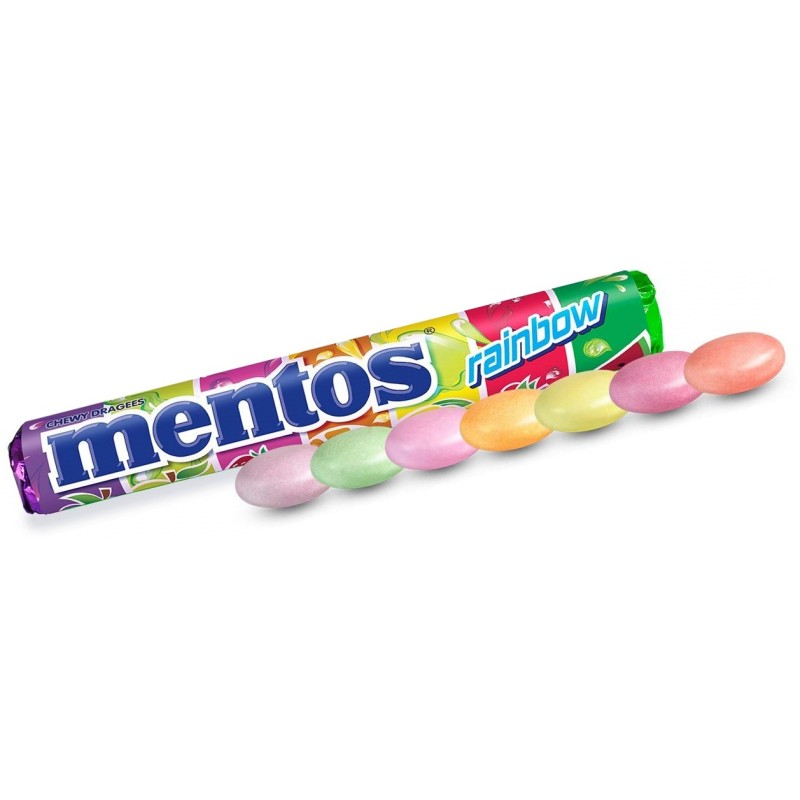 Mentos - Boîte de 40 Rouleaux Rainbow - Bonbons Tendres et Croquants, 7  Fruits Assortis - Fraise, Pomme, Orange, Raisin, Pastèque, Myrtille,  Pamplemousse - Rouleaux Classiques à Partager : : Epicerie